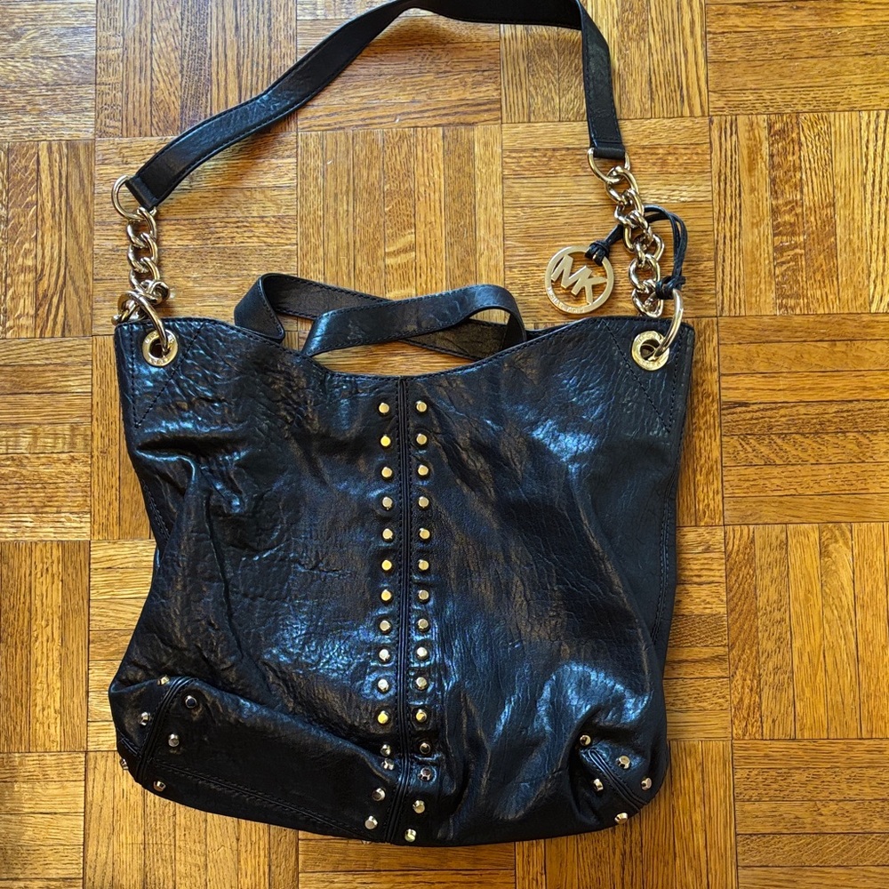 Michael Kors Black Leather Shoulder Bag with Gold Accents